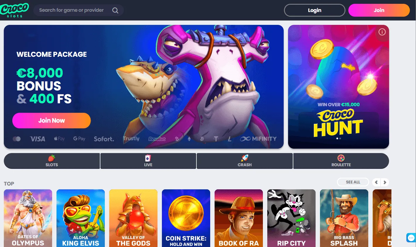 Crocoslots Casino desktop games interface