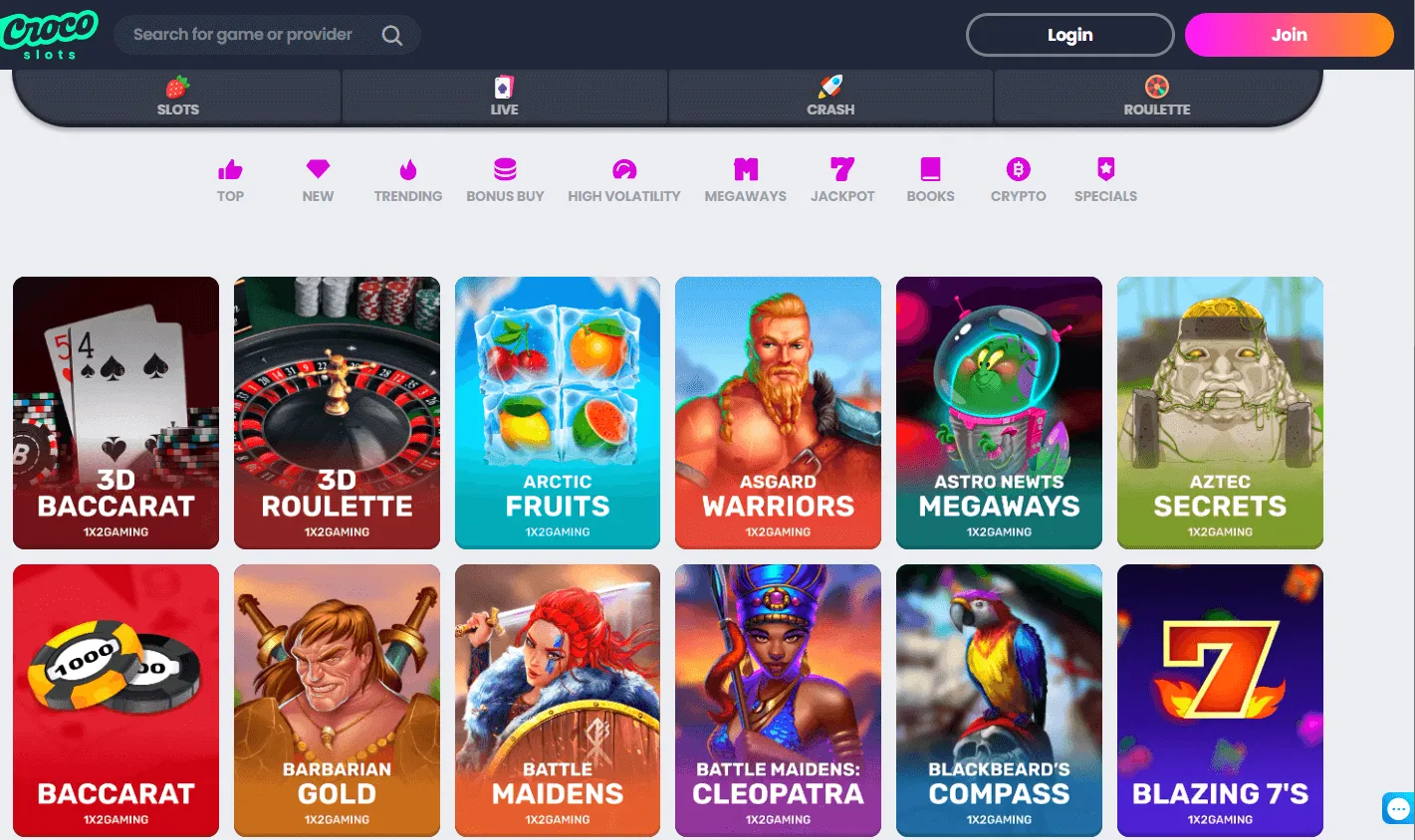 Crocoslots Casino desktop casino game selection