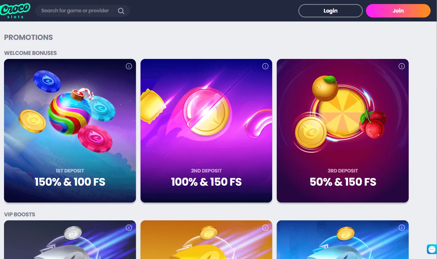Crocoslots Casino desktop promotions interface